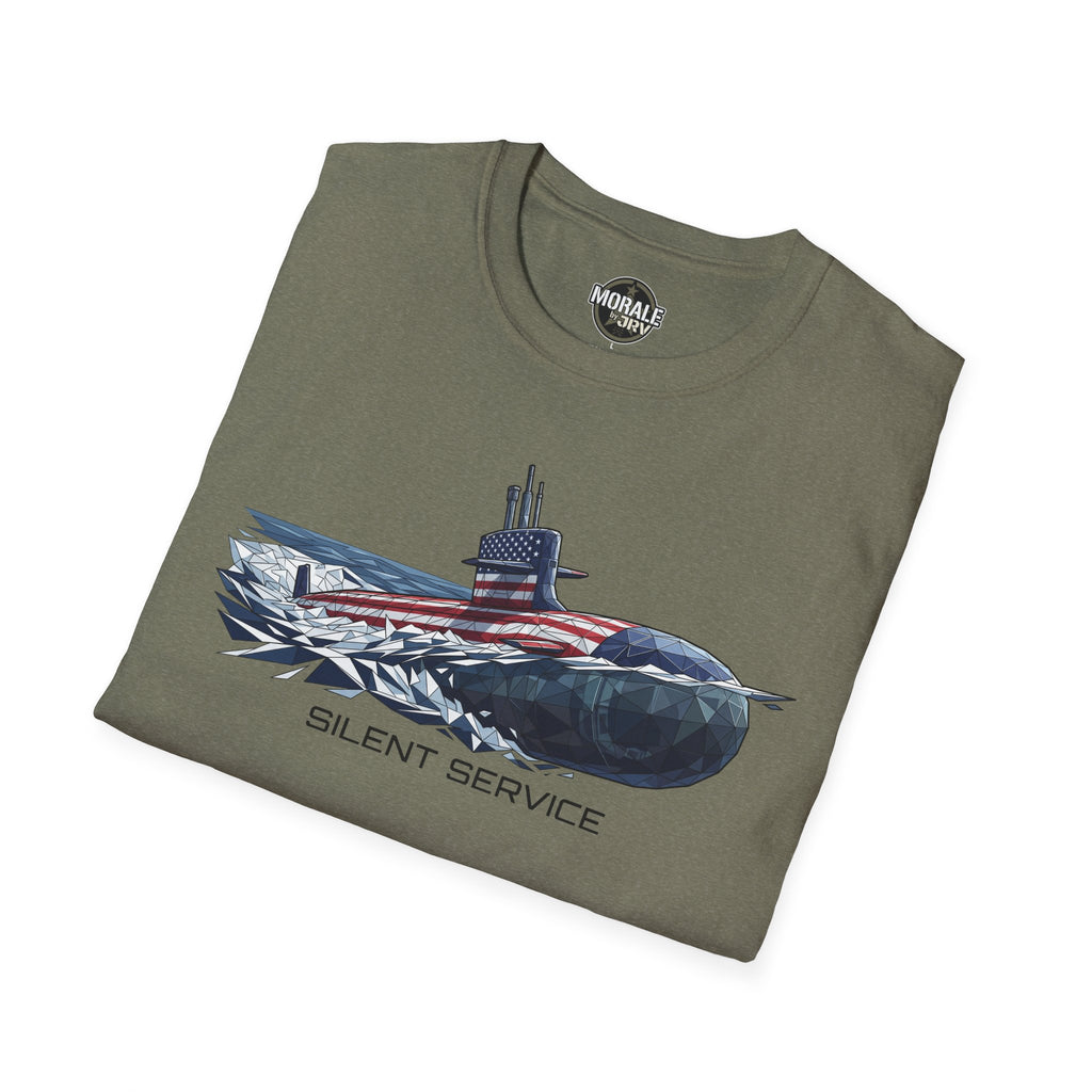 Silent Service submarine T‑shirt, olive green, front graphic with “SILENT SERVICE”