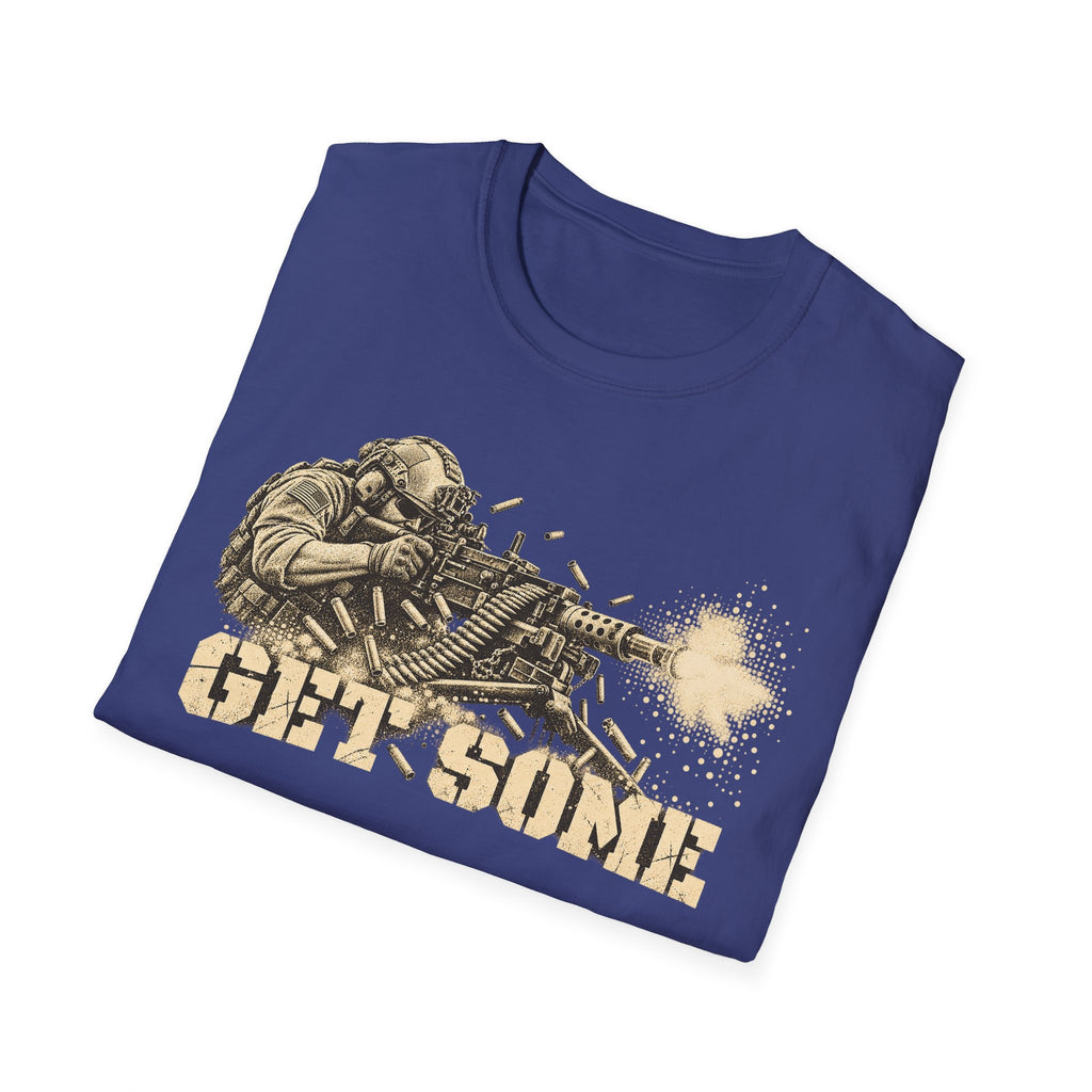 Royal blue T-shirt with vintage gunner graphic and “GET SOME” text
