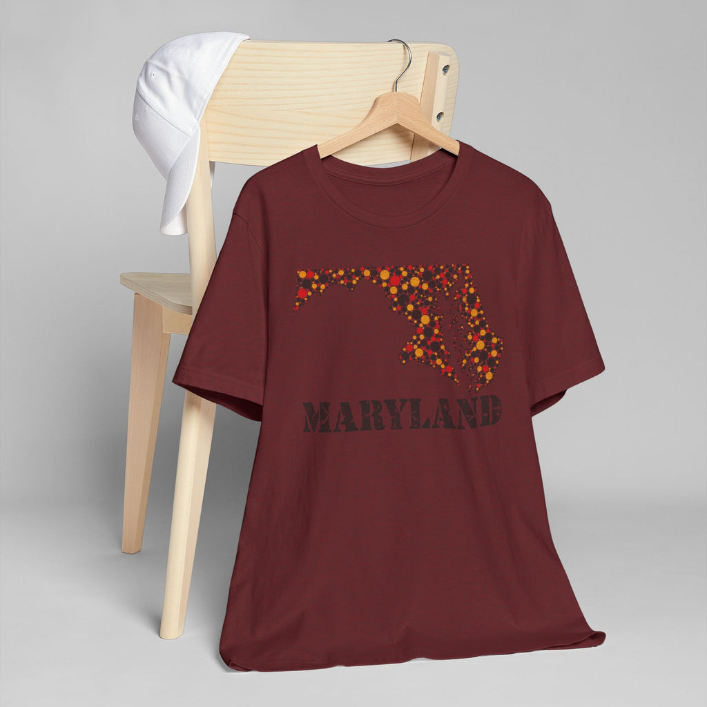 Men's crewneck t-shirt in dark red with multicolor floral Maryland outline graphic