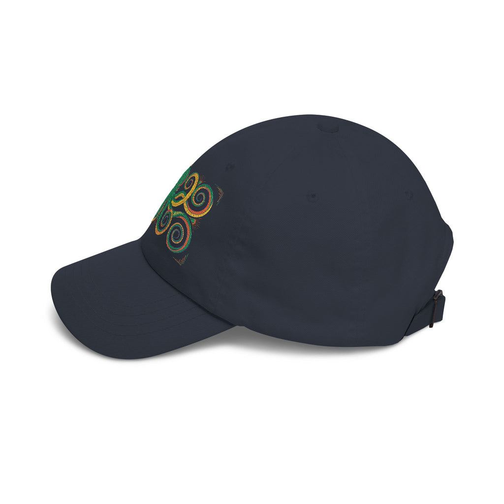 Dark navy dad cap with green-and-gold embroidered swirl on side panels