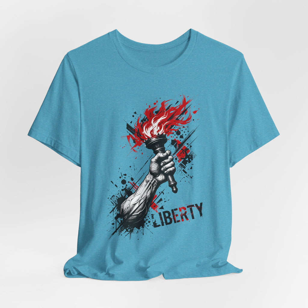 Light blue T-shirt with torch flame graphic and 'Liberty' text