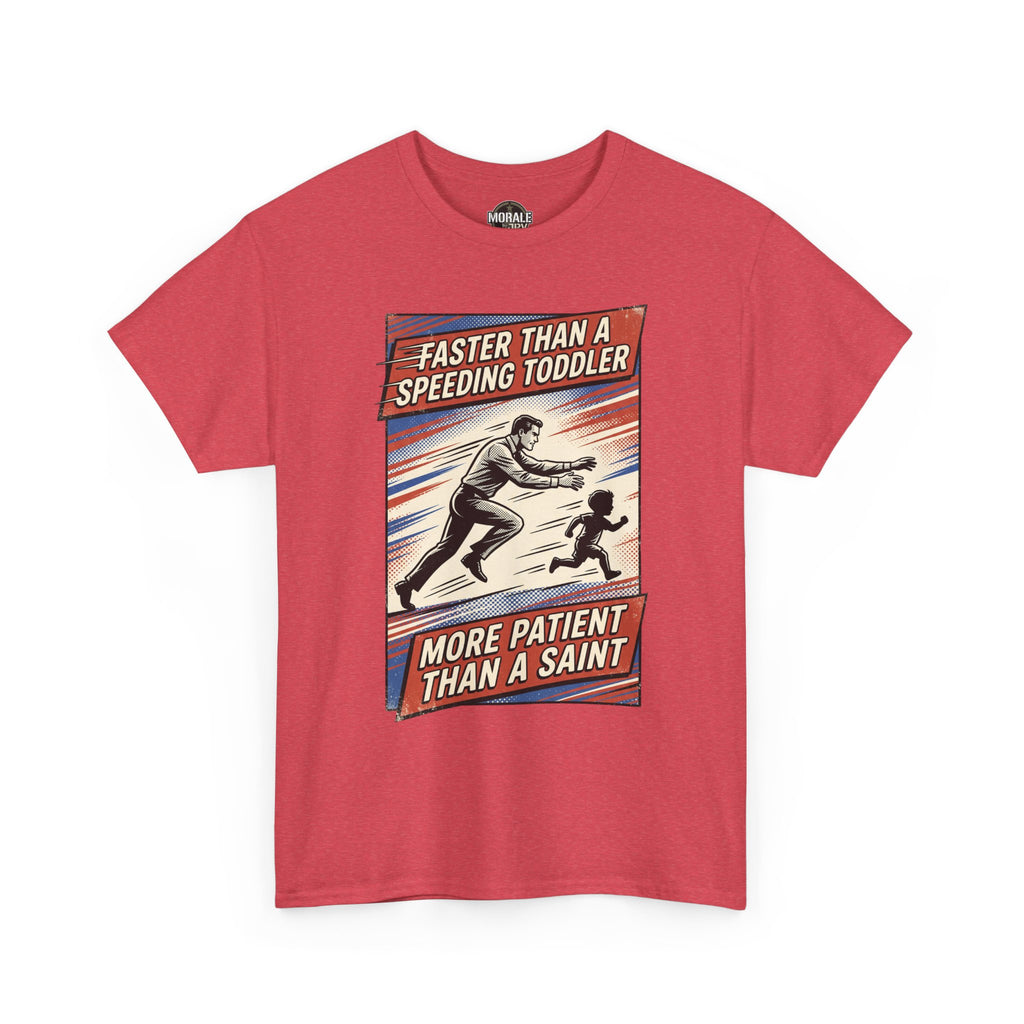Red Faster Than A Speeding Toddler graphic T-shirt, vintage-style quote