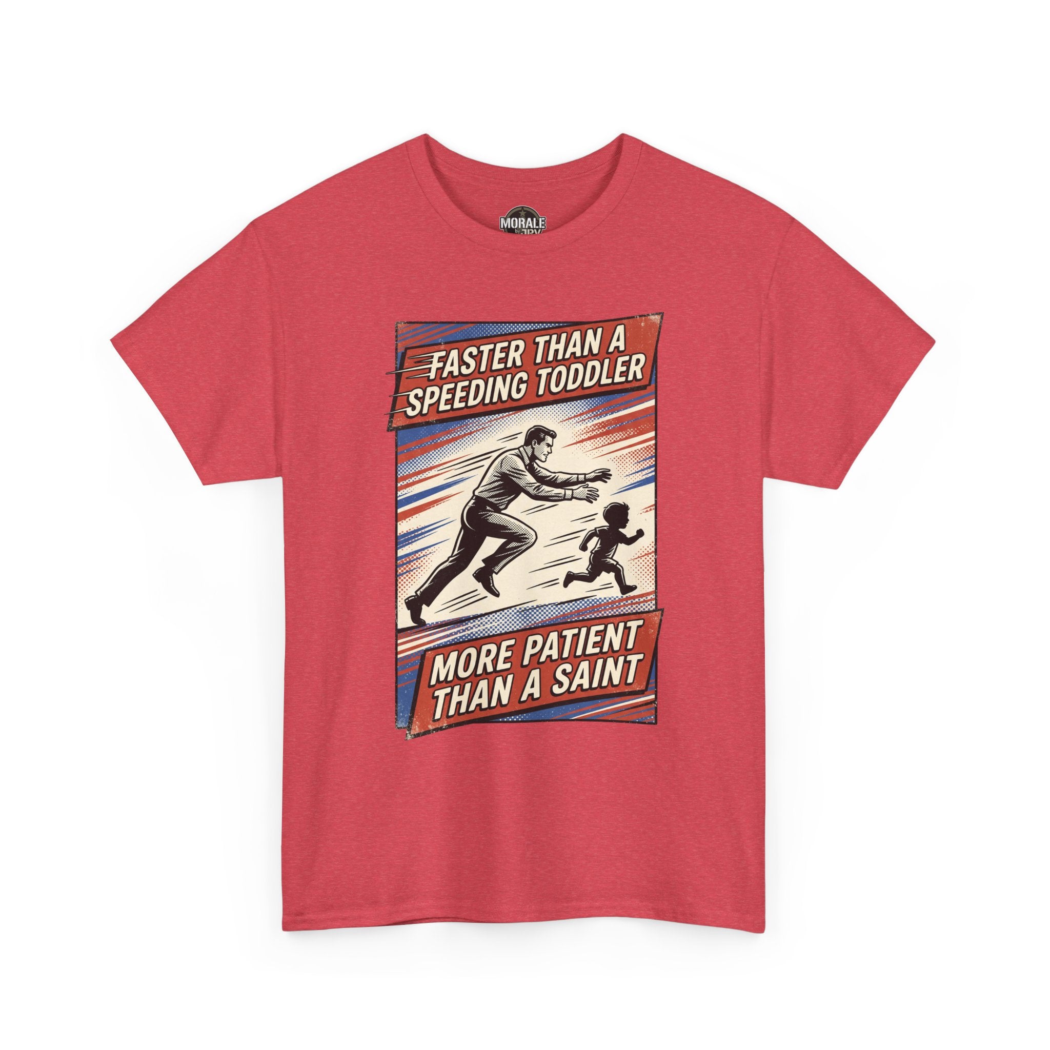 Red Faster Than A Speeding Toddler graphic T-shirt, vintage-style quote