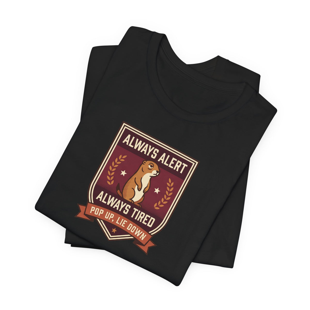 Black crewneck T-shirt with brown squirrel crest badge graphic on chest, folded