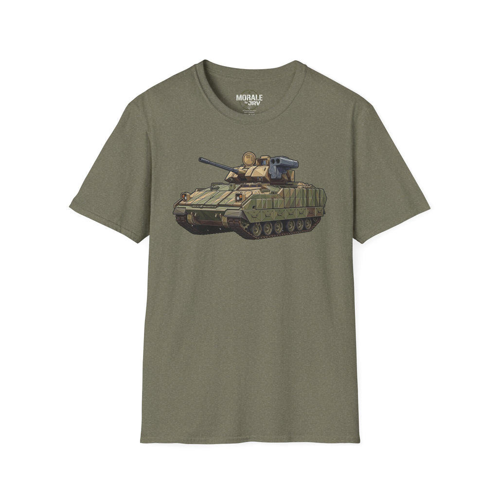 Olive green tank T-shirt with armored vehicle graphic on chest