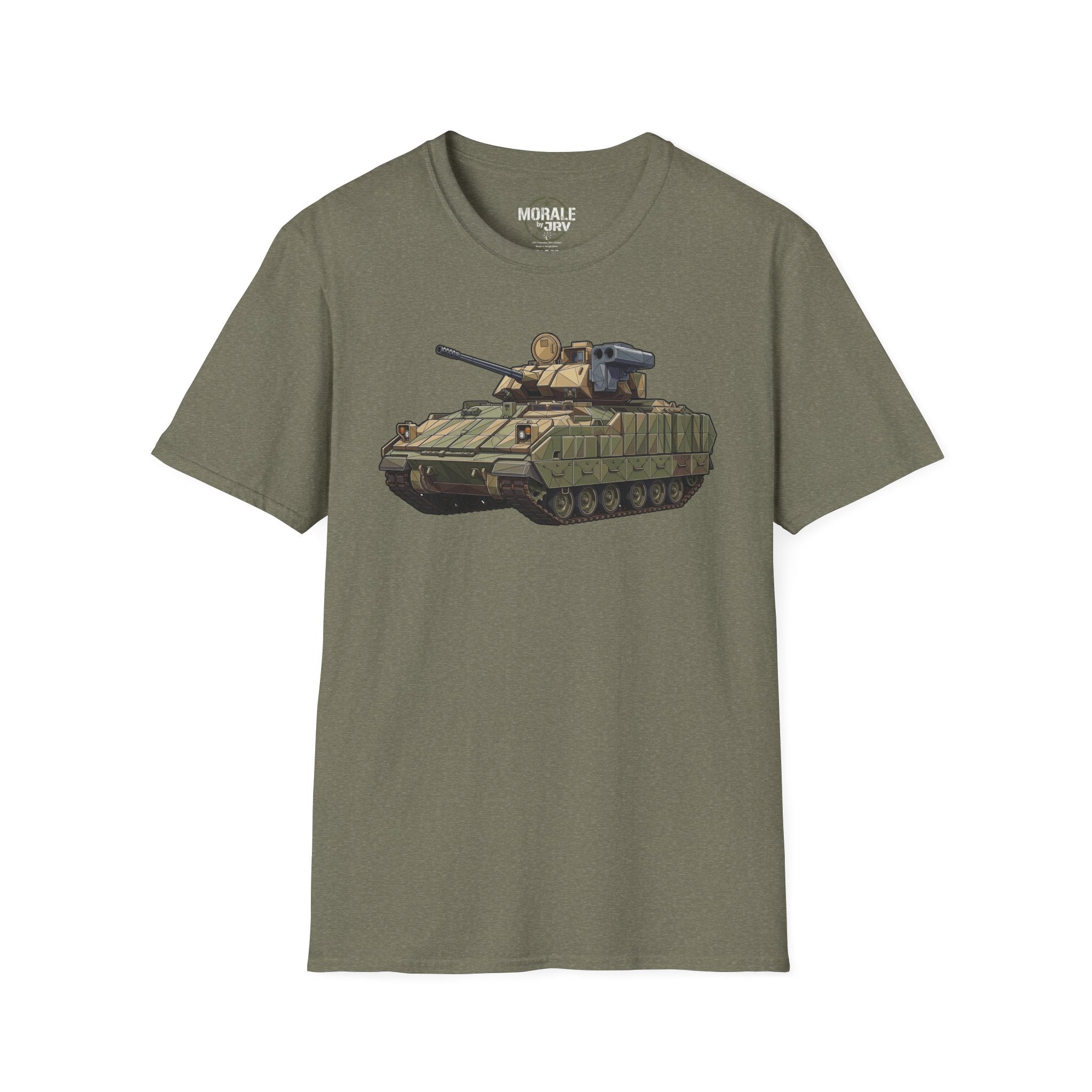 Olive green tank T-shirt with armored vehicle graphic on chest
