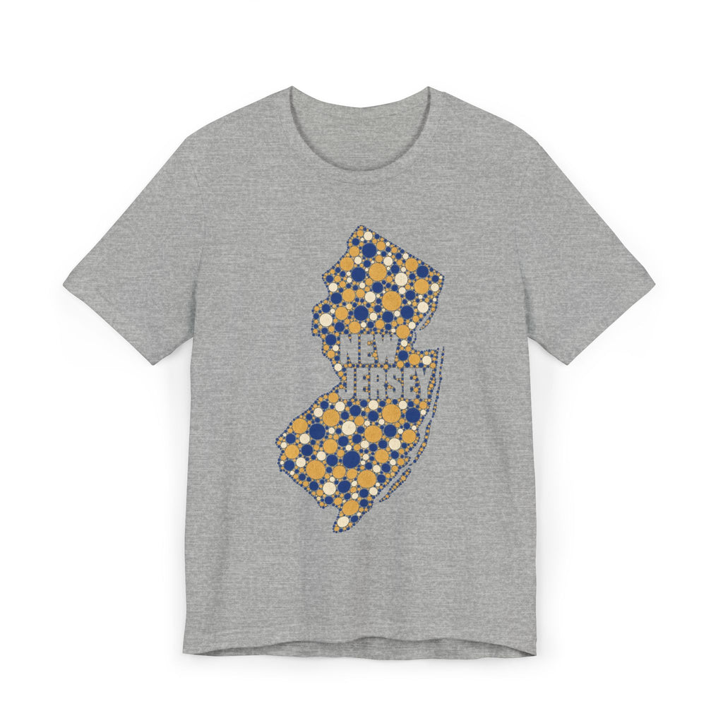 Gray t-shirt with colorful floral New Jersey outline graphic on the front