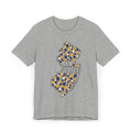 Gray t-shirt with colorful floral New Jersey outline graphic on the front