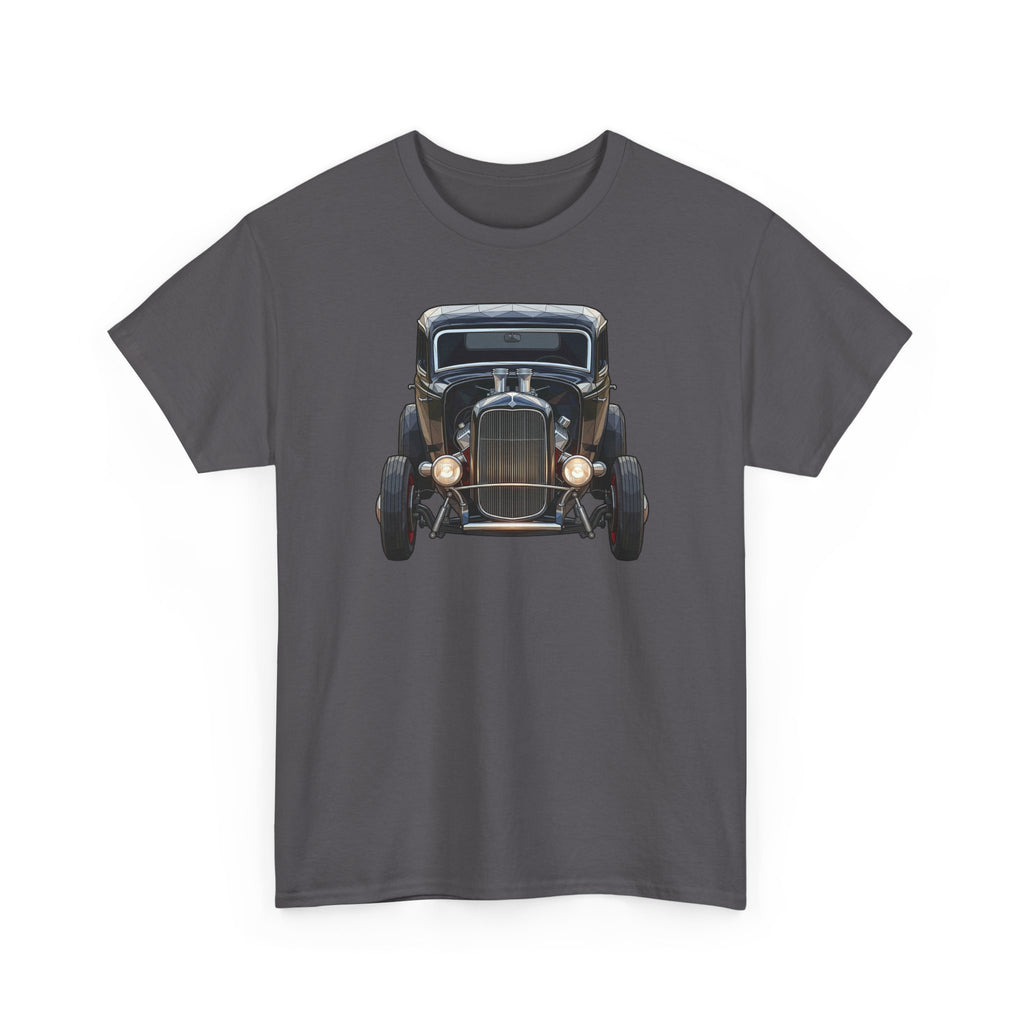 Charcoal graphic T-shirt with vintage hot rod front view artwork