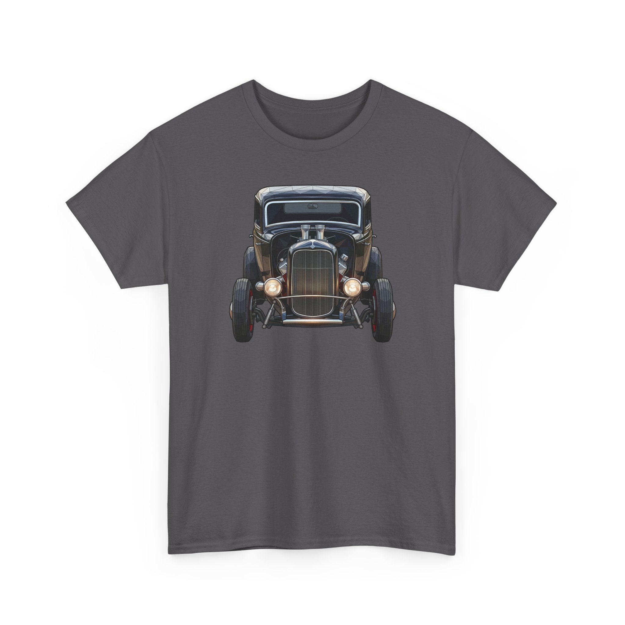 Charcoal graphic T-shirt with vintage hot rod front view artwork