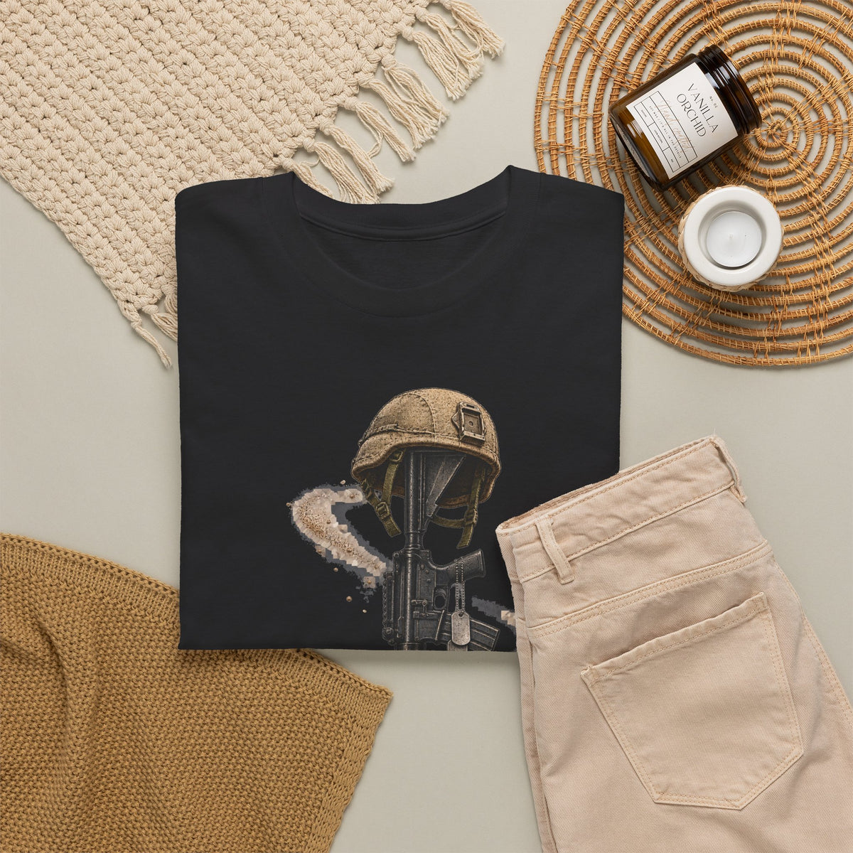 Charcoal T-shirt with distressed soldier helmet and rifle graphic on front