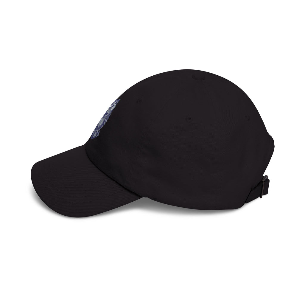 Black dad cap with embroidered owl detail on side, curved brim