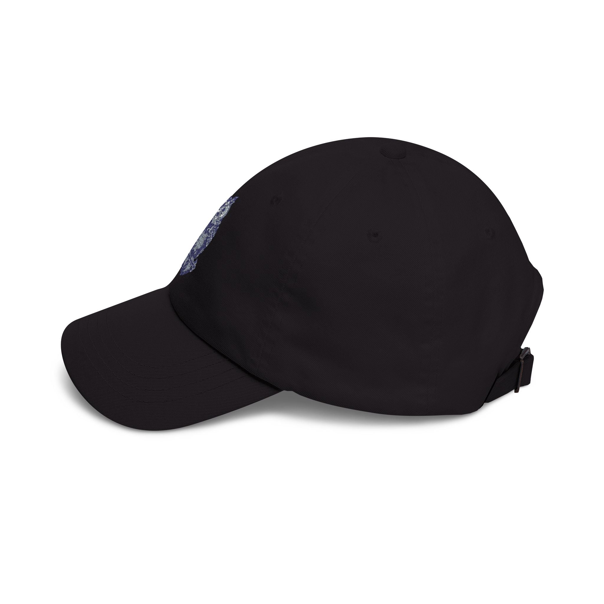 Black dad cap with embroidered owl detail on side, curved brim