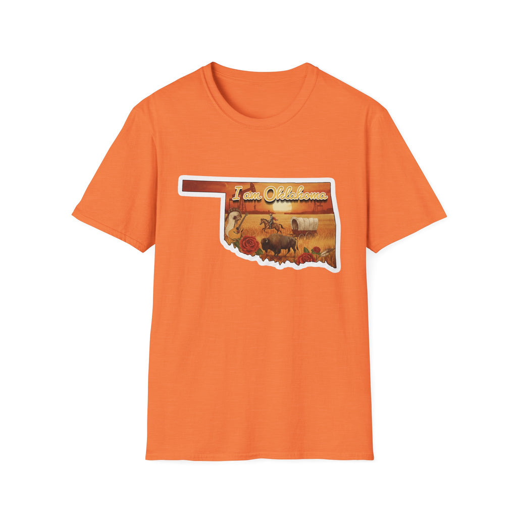Orange T-shirt with Oklahoma silhouette and cowboy scene graphic