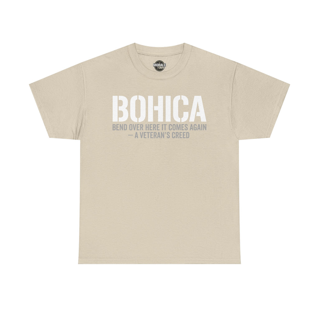 Sand BOHICA graphic T-shirt with large BOHICA and creed text front print