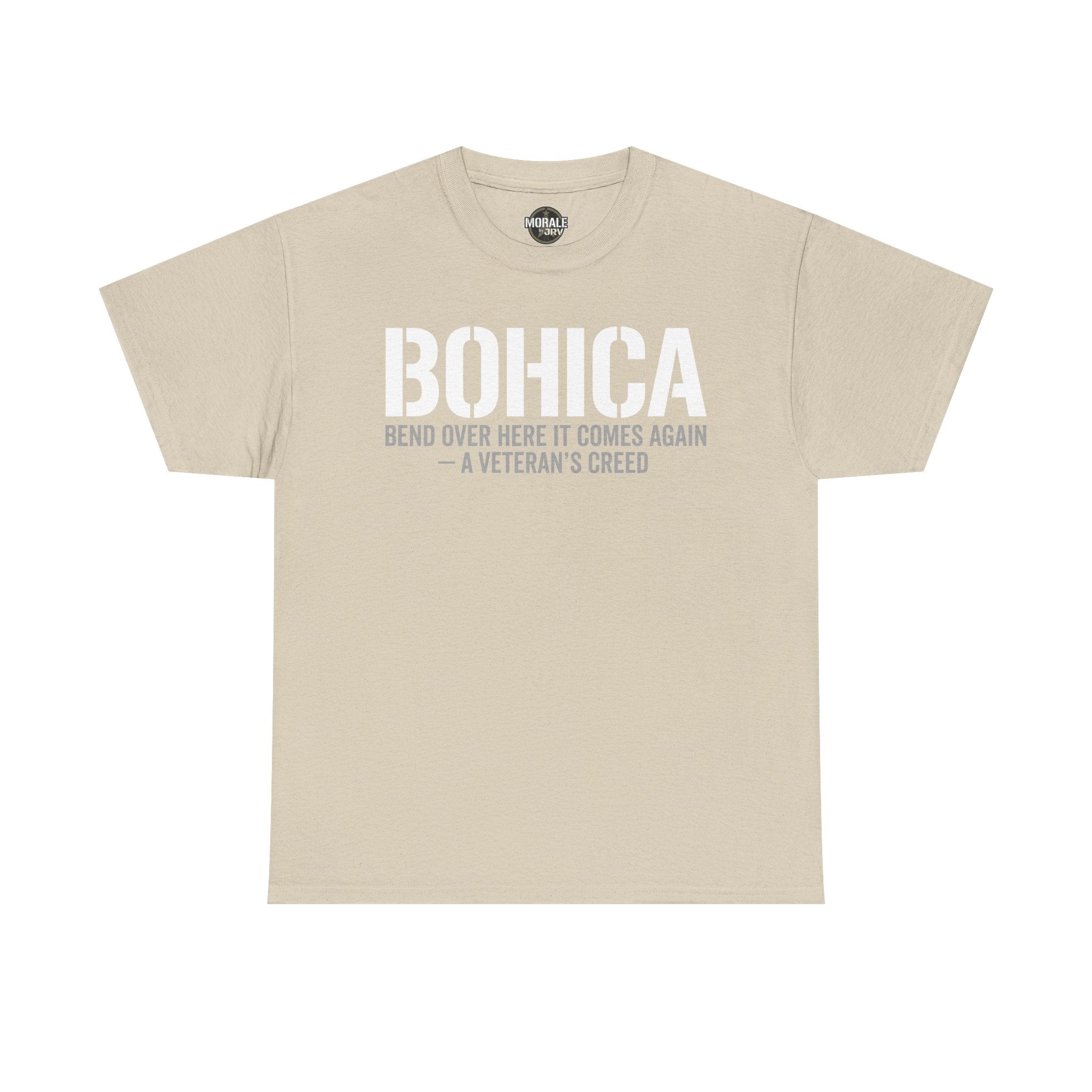 Sand BOHICA graphic T-shirt with large BOHICA and creed text front print