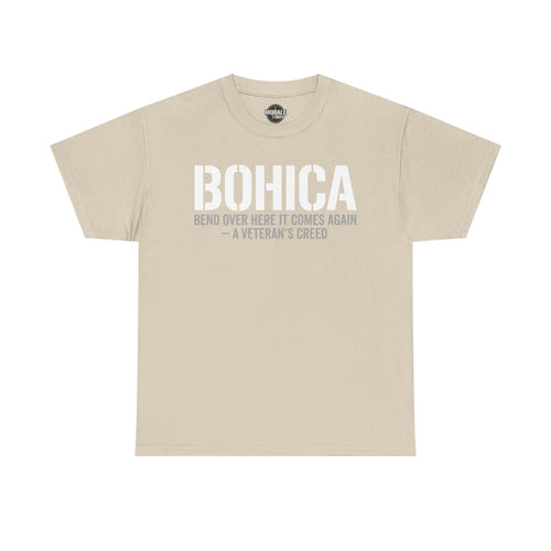 Sand BOHICA graphic T-shirt with large BOHICA and creed text front print