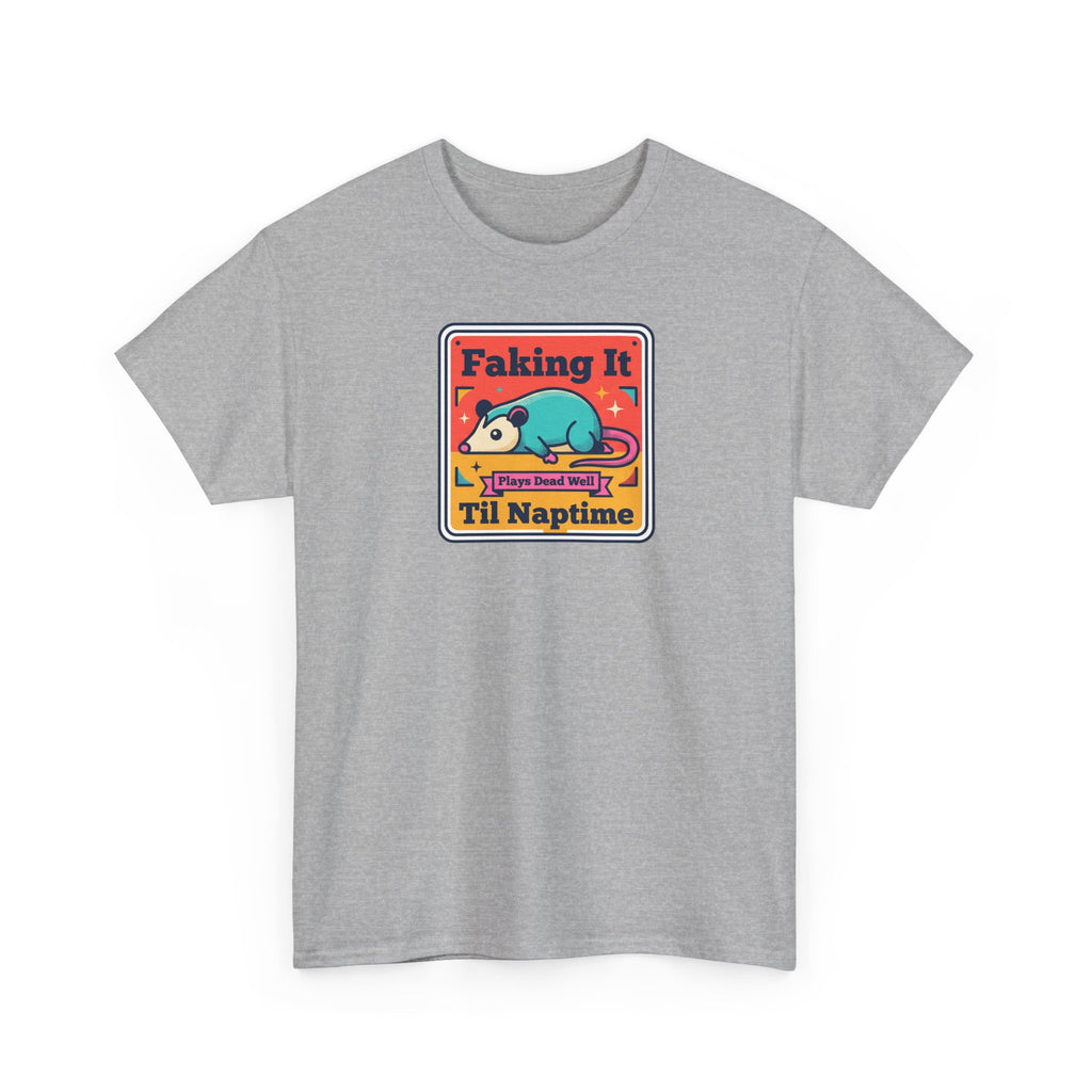Sport grey T-shirt with sleeping panda graphic and “Faking It ’Til Naptime” text on front