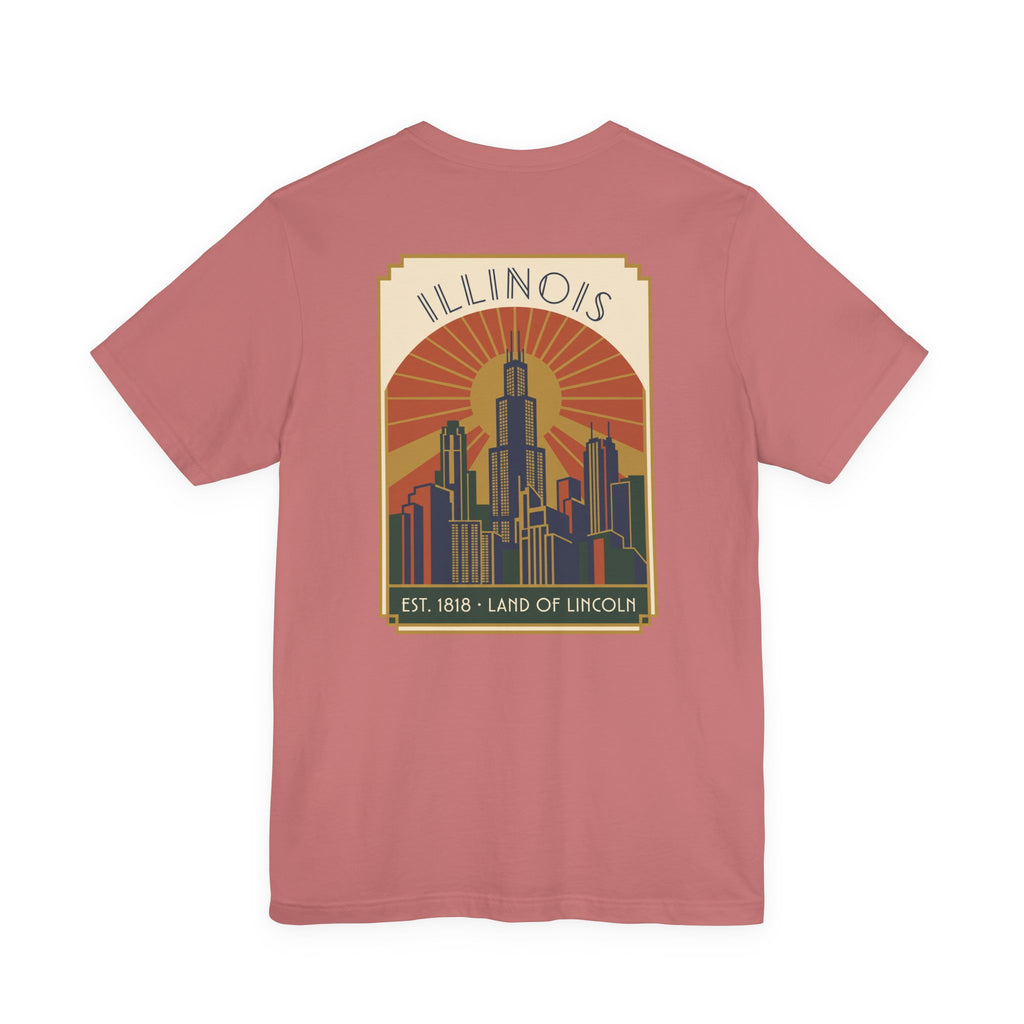 Dusty pink art deco T-shirt with Illinois skyline graphic and retro sunset badge