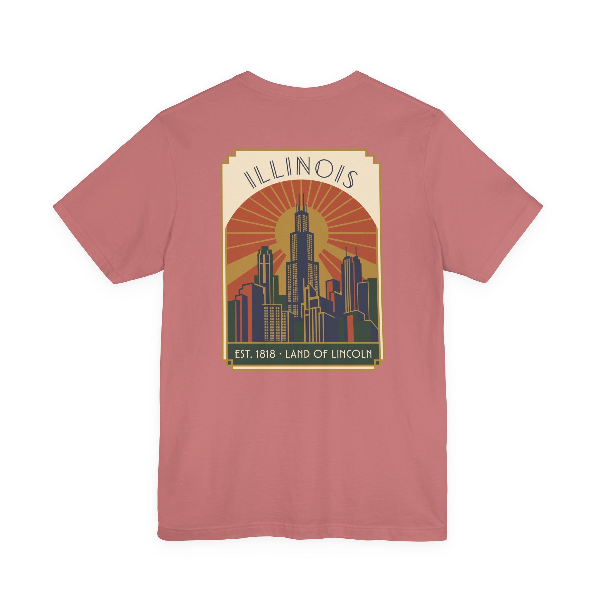 Dusty pink art deco T-shirt with Illinois skyline graphic and retro sunset badge