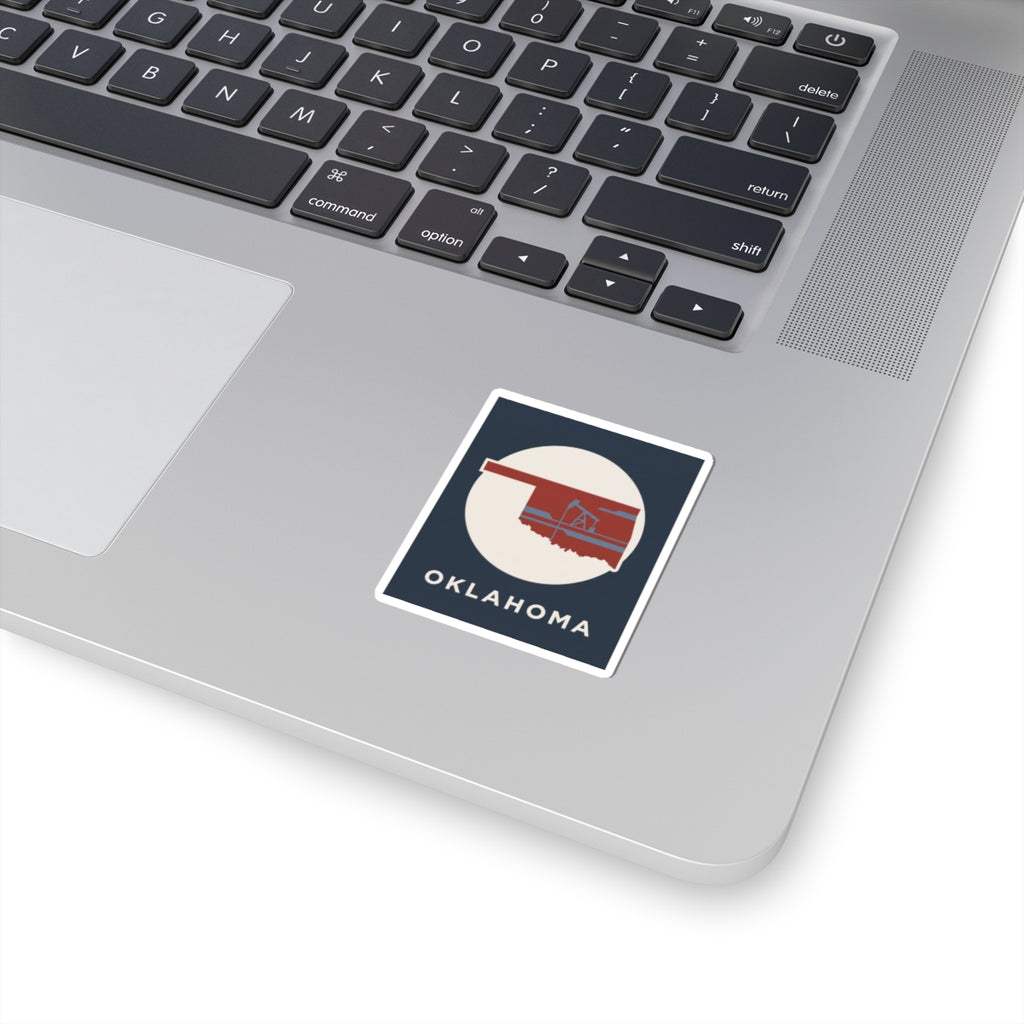 Oklahoma state silhouette sticker with oil rig, square white border