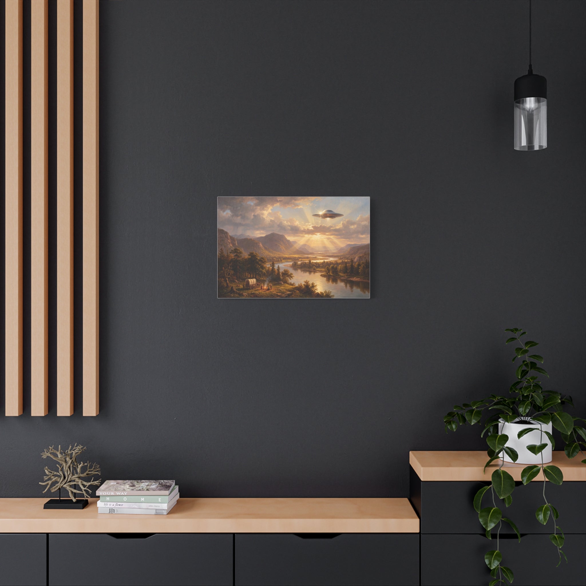 Rectangular landscape canvas artwork with a river, hills, and warm sunset clouds.