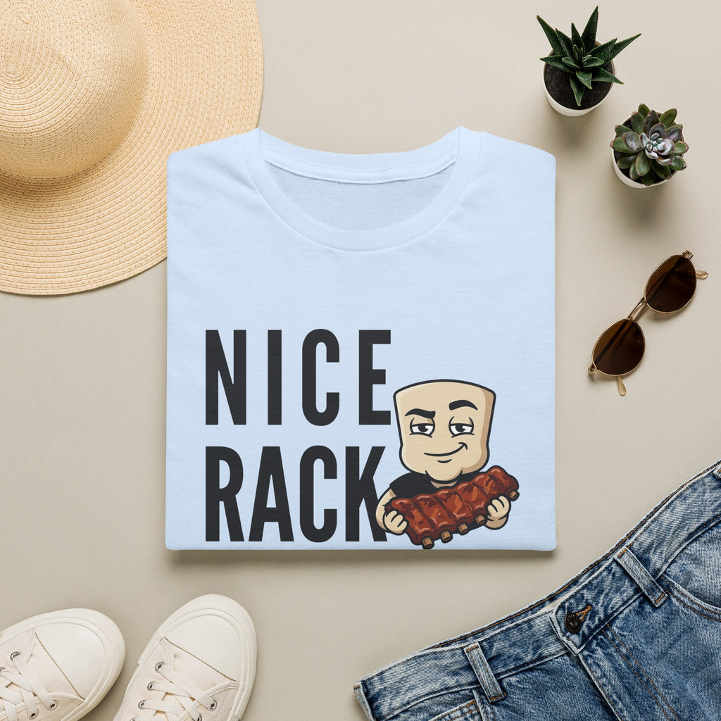 Light blue T-shirt with bold “Nice Rack” letters and cartoon BBQ ribs graphic