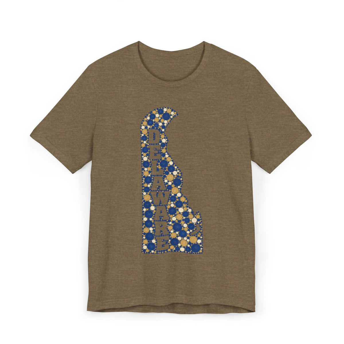 Brown Delaware state silhouette t-shirt with blue and gold patterned Delaware map graphic