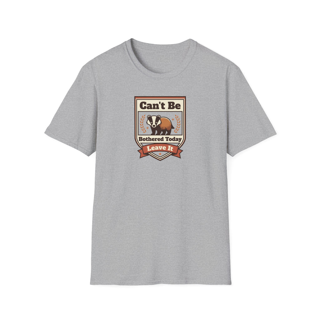 Light gray crew-neck T-shirt, short sleeves, front graphic badge with text