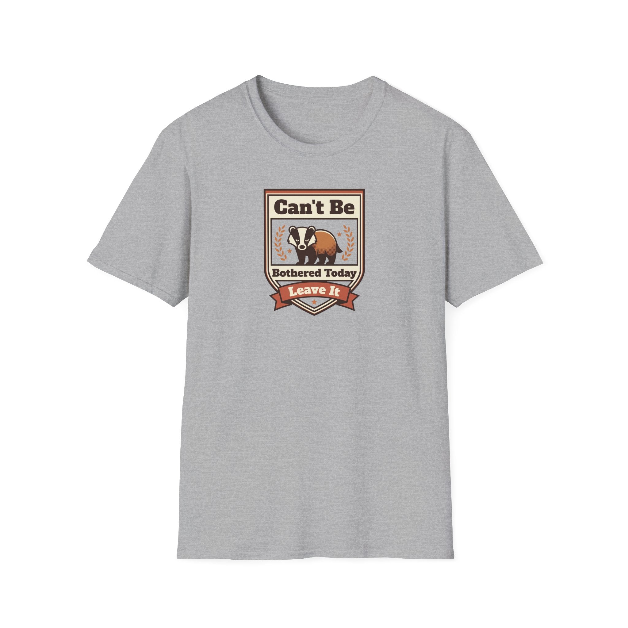 Light gray crew-neck T-shirt, short sleeves, front graphic badge with text