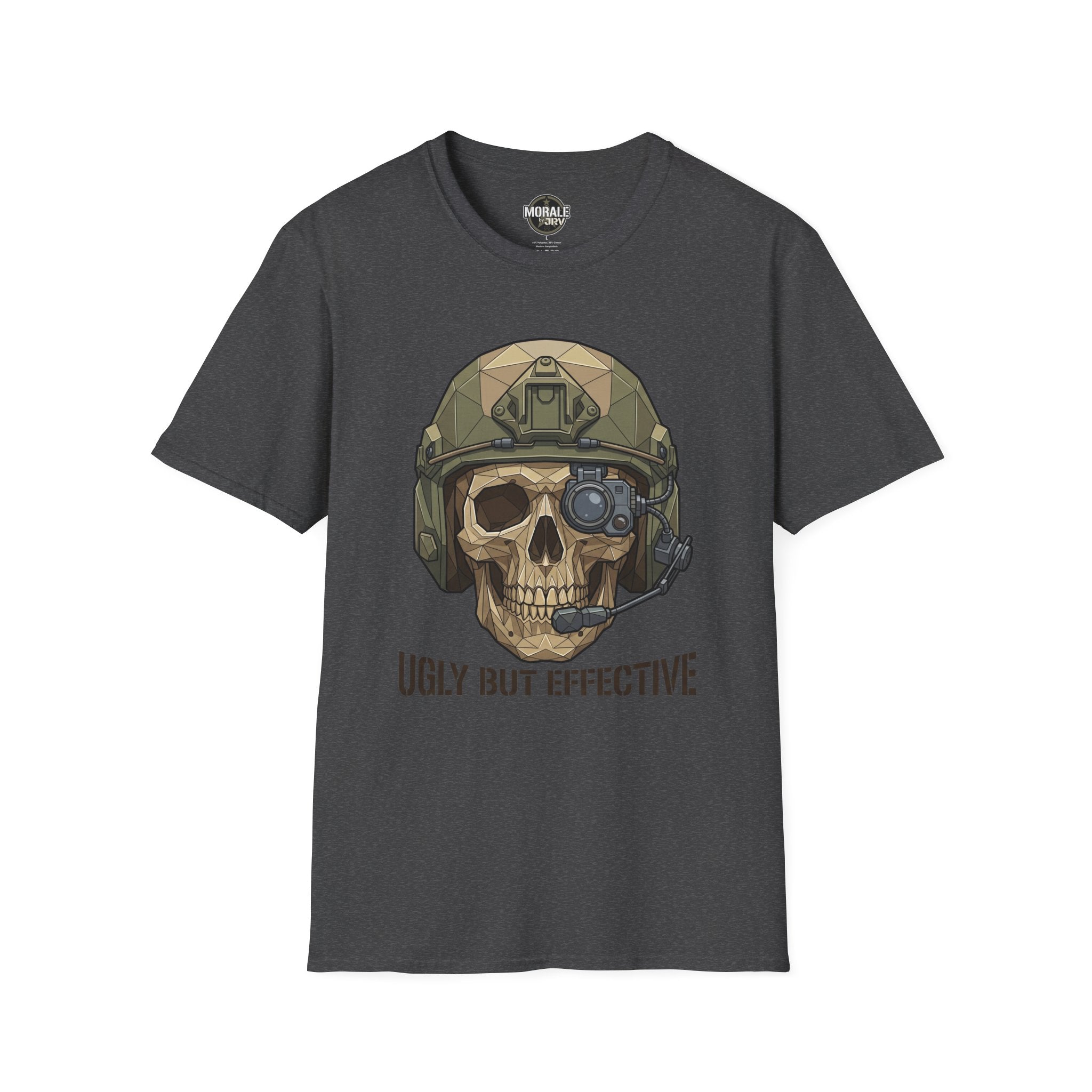 Dunkelgraues T-Shirt mit Totenkopf im taktischen Helm und „Ugly But Effective“