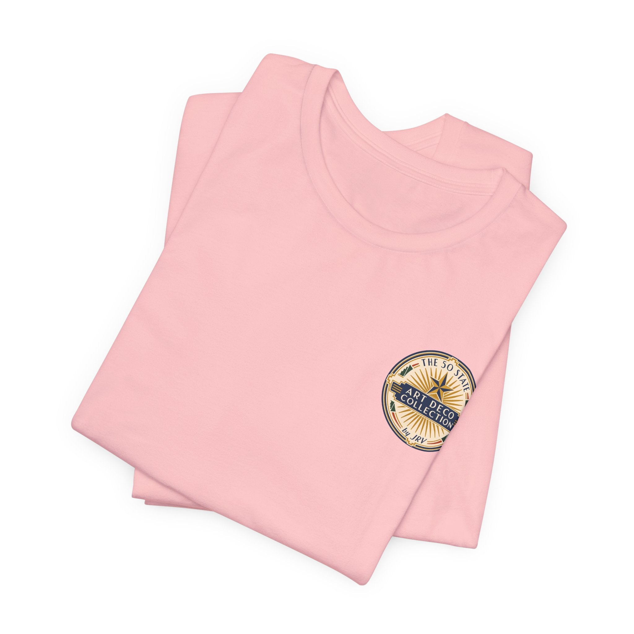 Pink short-sleeve T-shirt with small round chest logo, folded pair
