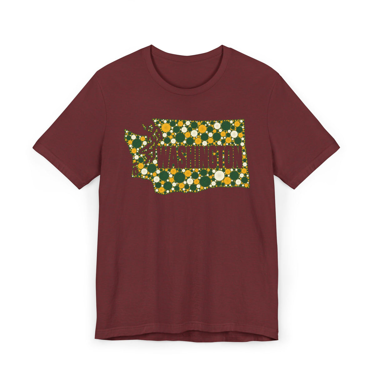 Burgundy T-shirt with dotted Washington outline floral graphic in green and gold