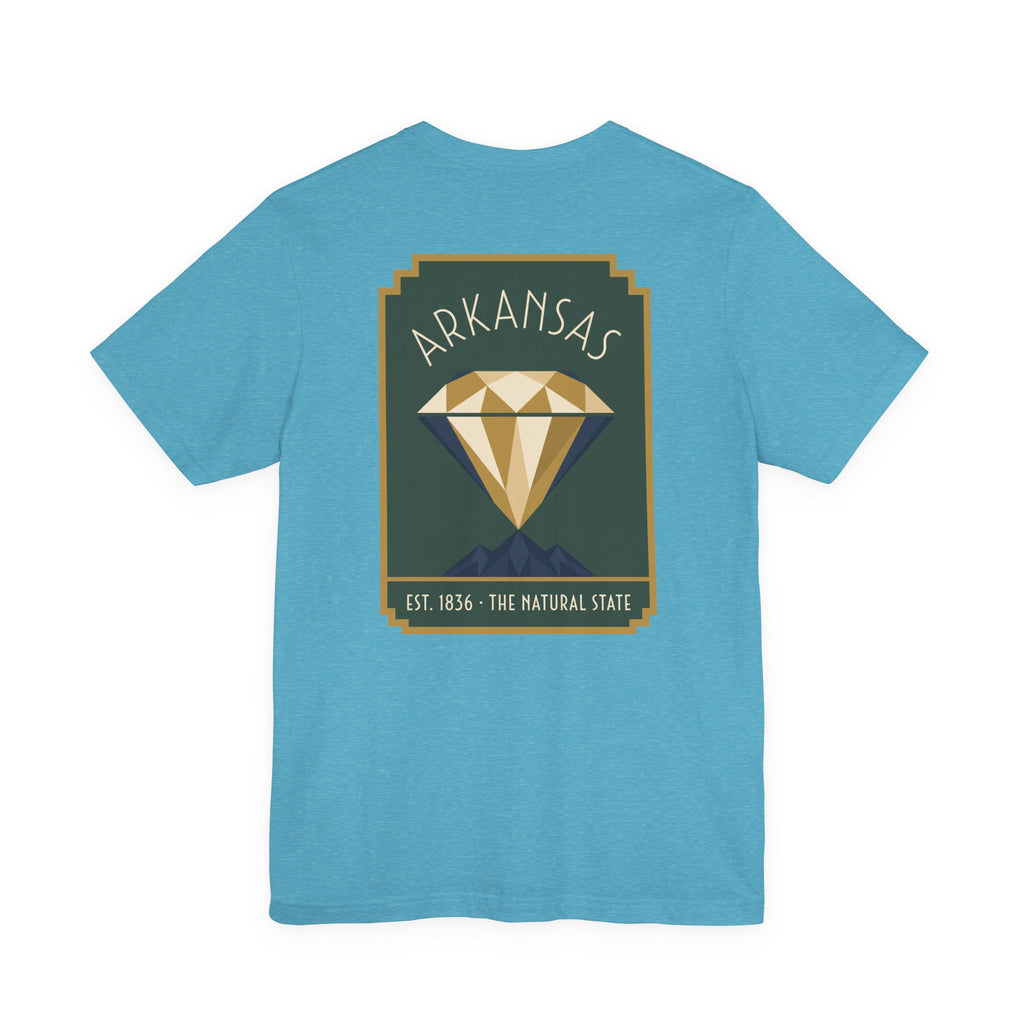 Aqua T-shirt with Arkansas diamond art deco graphic, Est. 1836