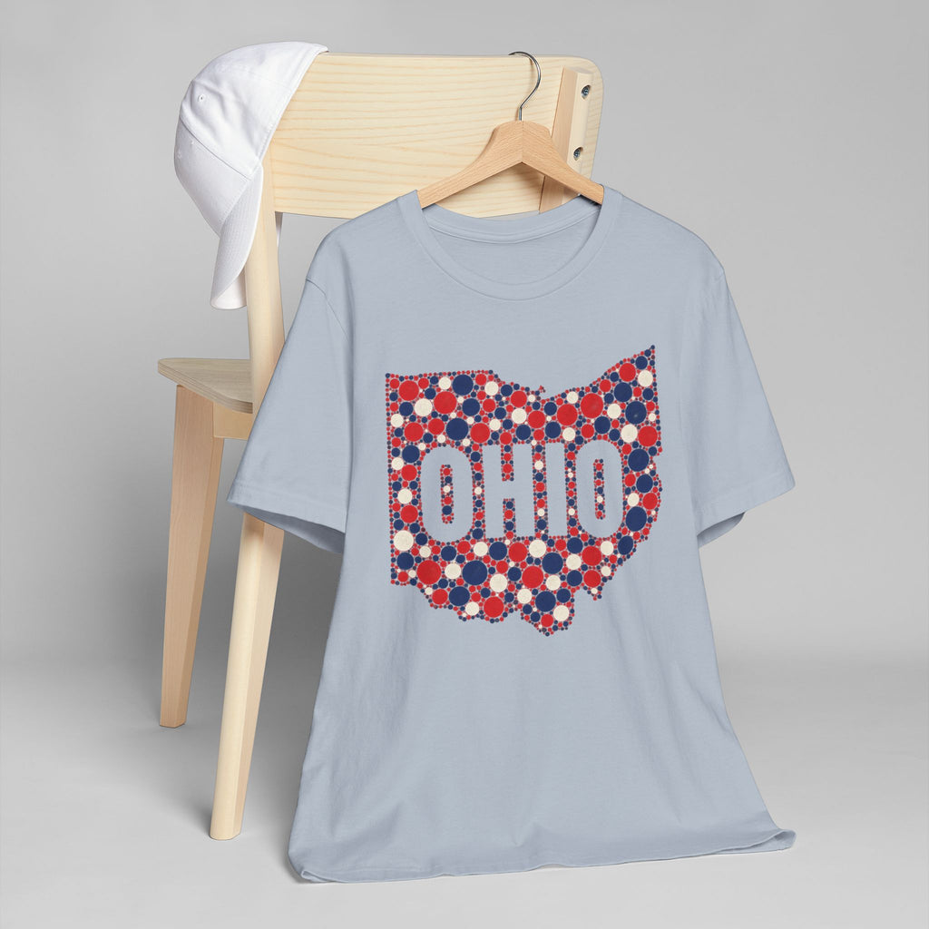 Light blue crew-neck t-shirt with red white blue Ohio polka-dot graphic.