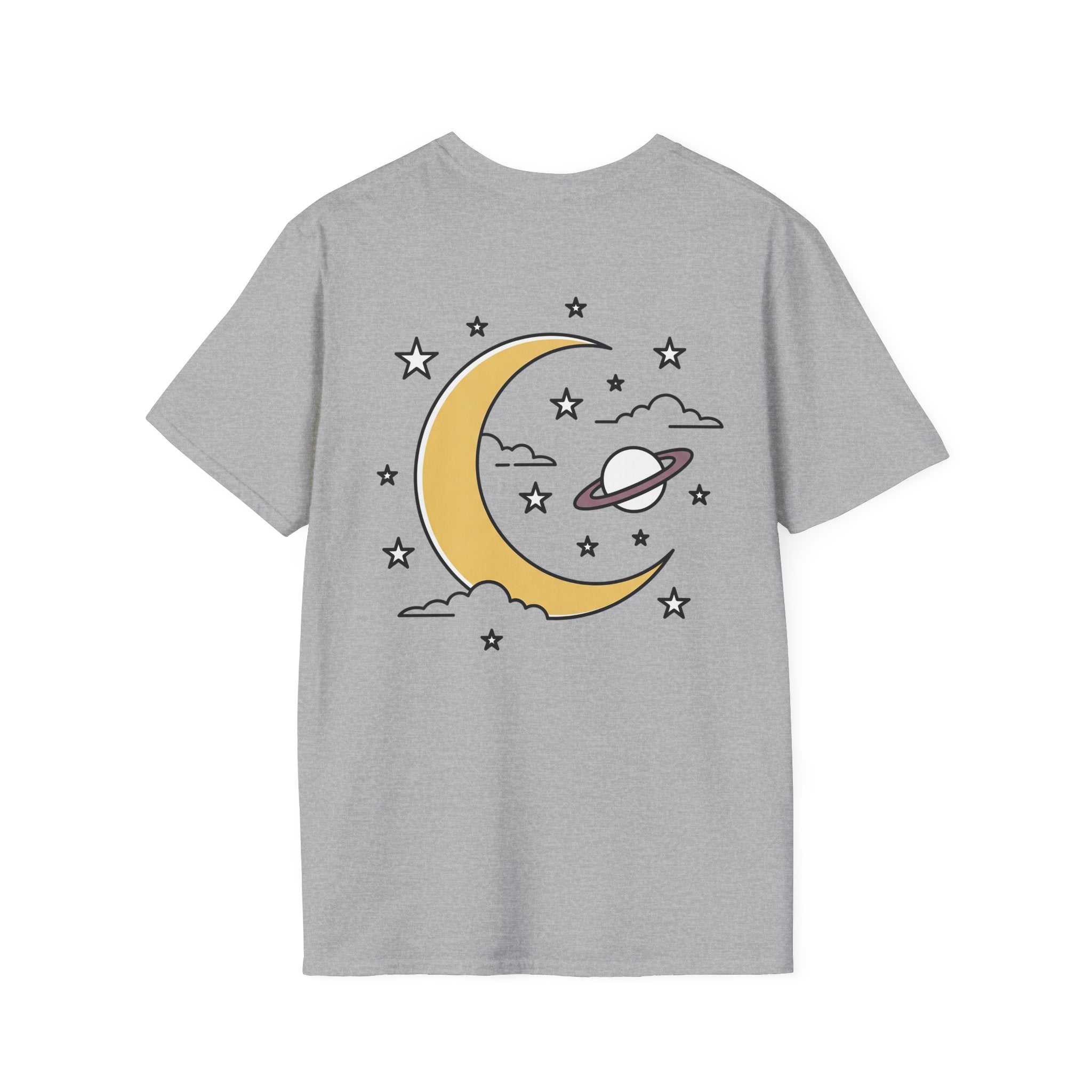 Light gray t-shirt with yellow crescent moon, planet, and star graphic