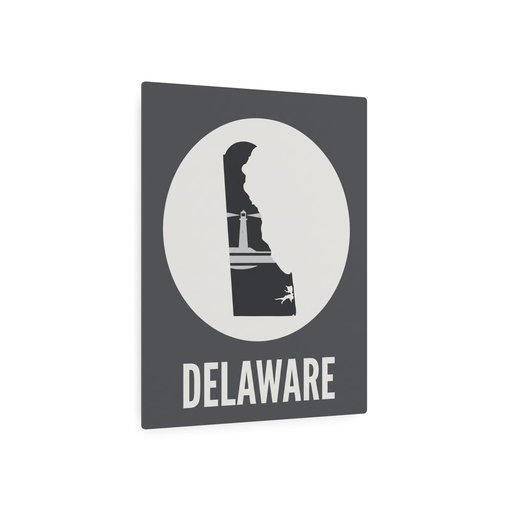 Delaware lighthouse silhouette square metal wall sign with circular graphic and “DELAWARE”