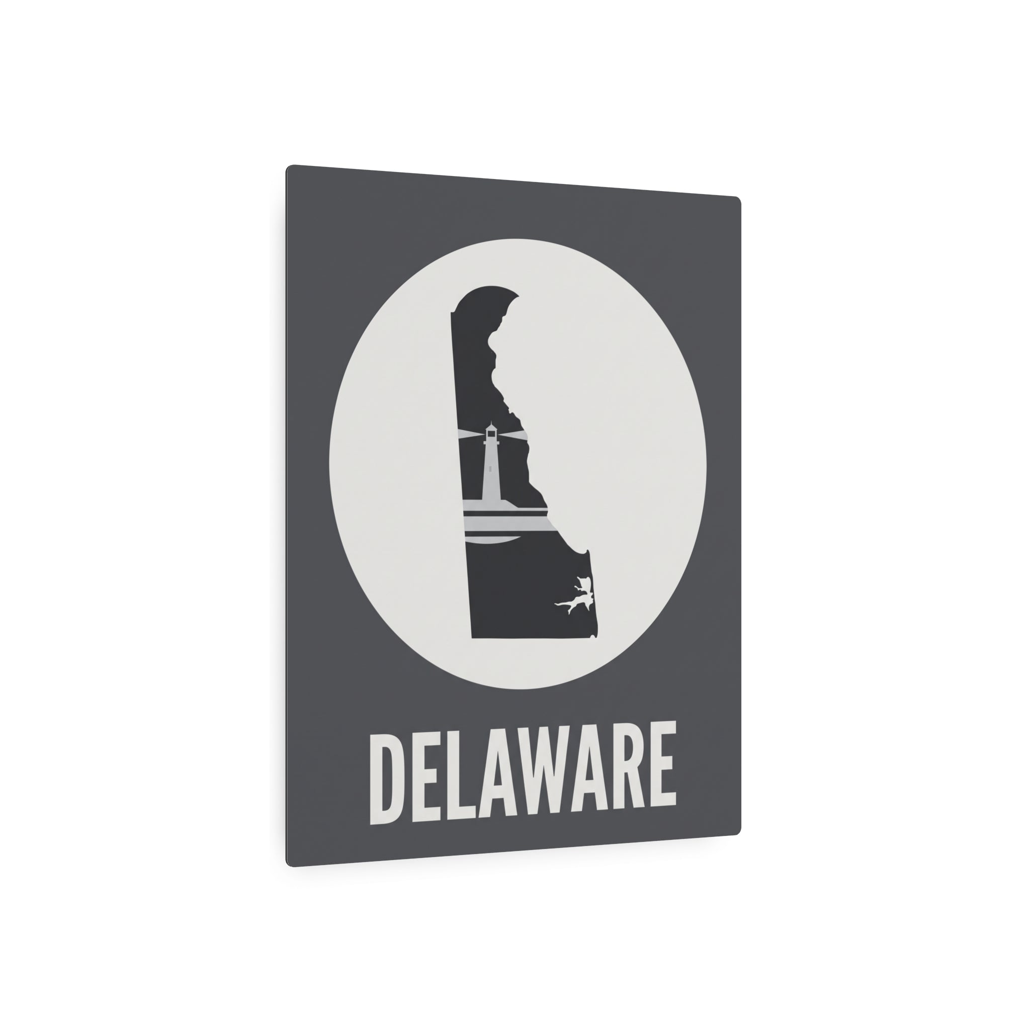Delaware lighthouse silhouette square metal wall sign with circular graphic and “DELAWARE”