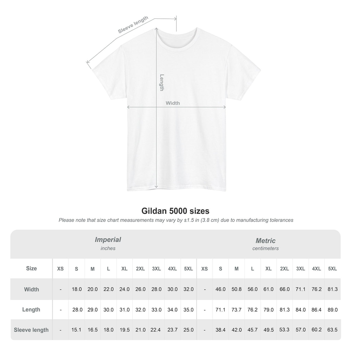 White unisex T-shirt front view with sleeve and size chart diagram