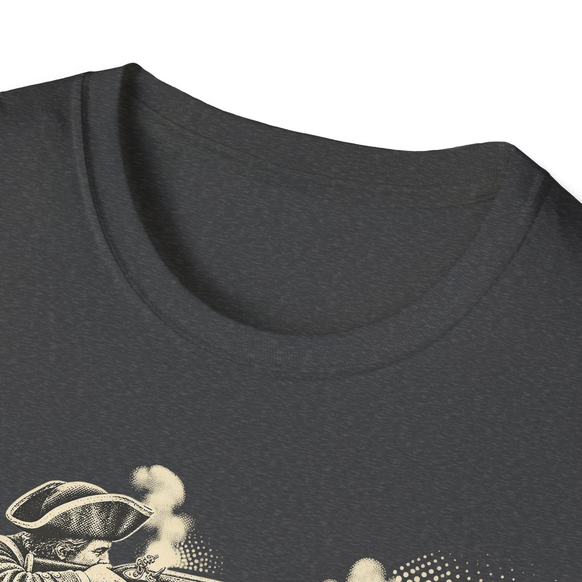 Dark gray T-shirt close-up showing ribbed collar and upper part of graphic