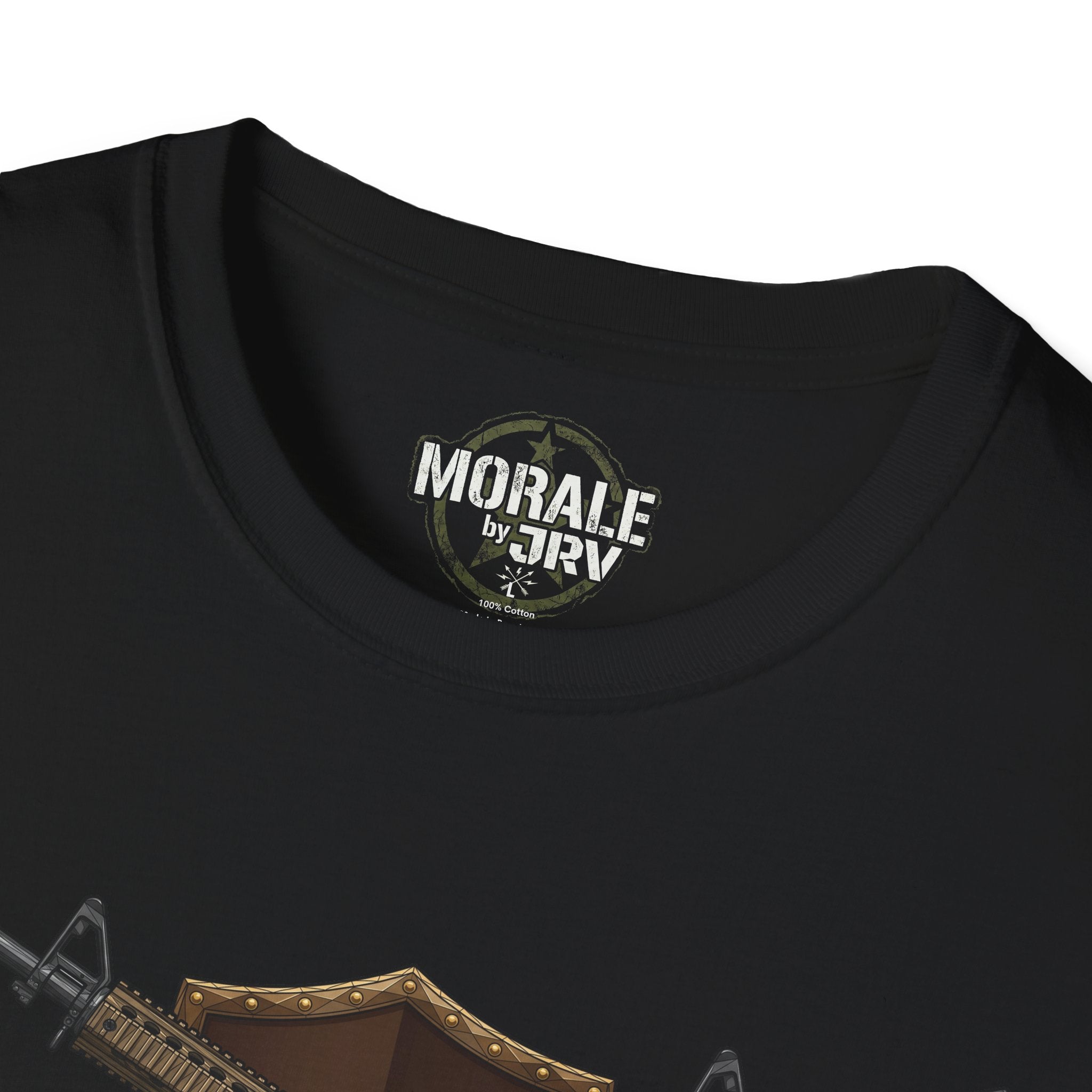 Black t-shirt neckline with small “MORALE” emblem and partial rifle graphic