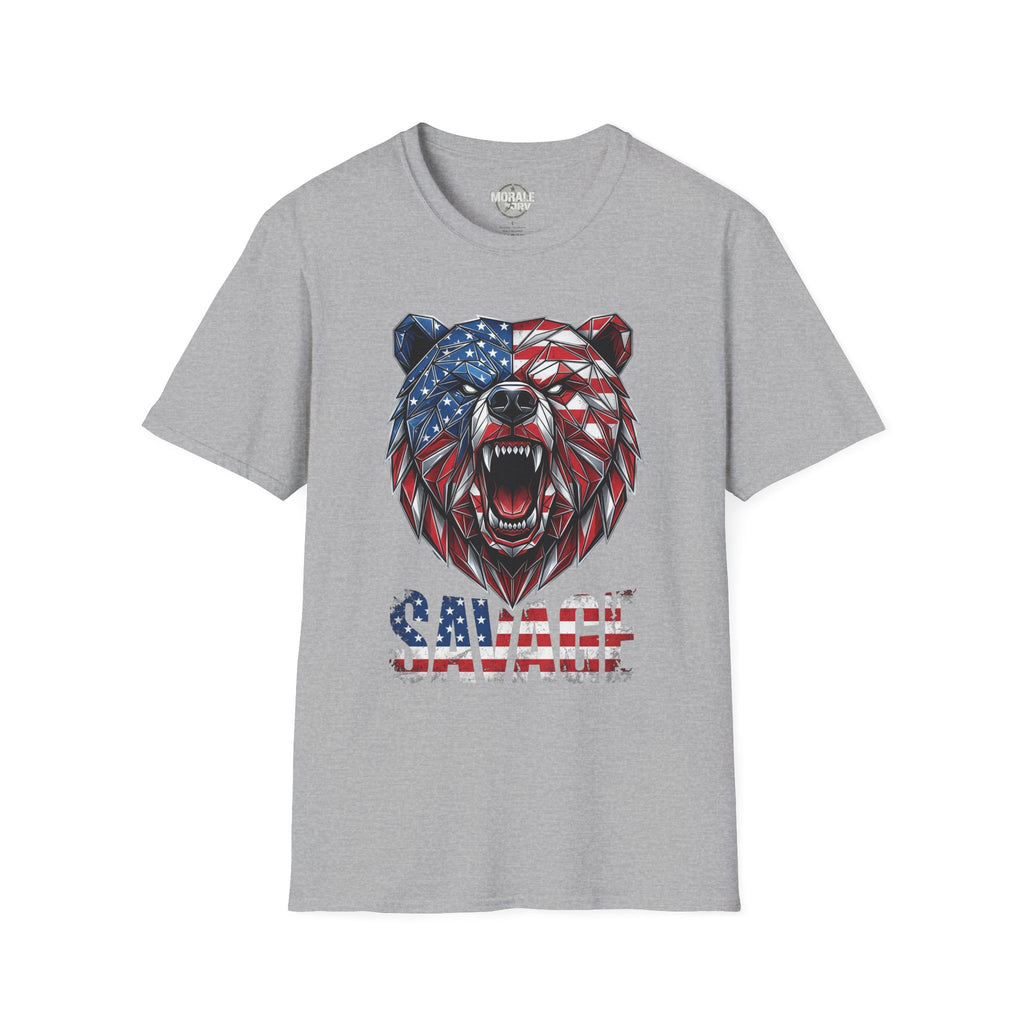 Sport Grey graphic T-shirt with geometric American flag bear head and SAVAGE text