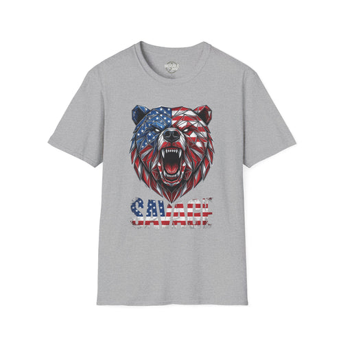 Sport Grey graphic T-shirt with geometric American flag bear head and SAVAGE text
