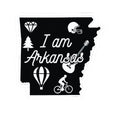 I am Arkansas sticker with white border and black background, featuring state-themed icons