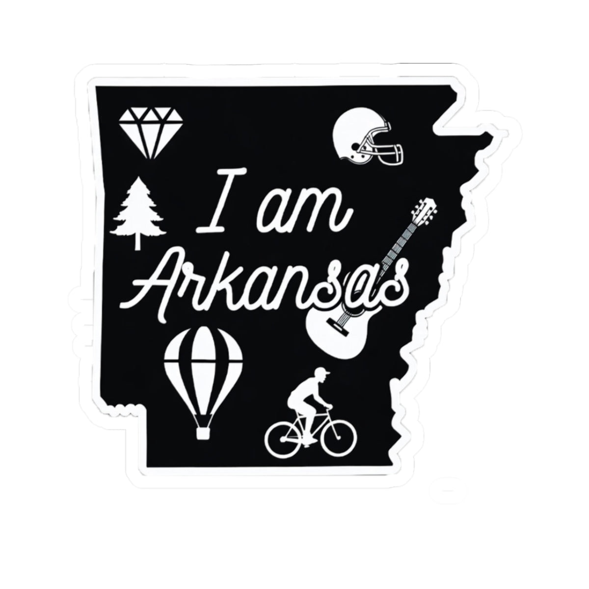 I am Arkansas sticker with white border and black background, featuring state-themed icons