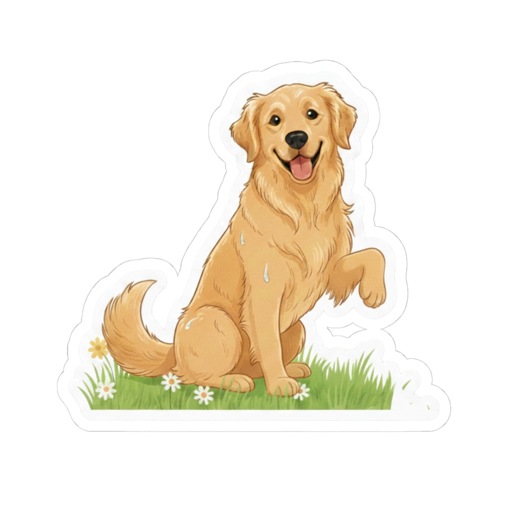Golden Retriever sit and shake sticker, tan dog with flowers and grass