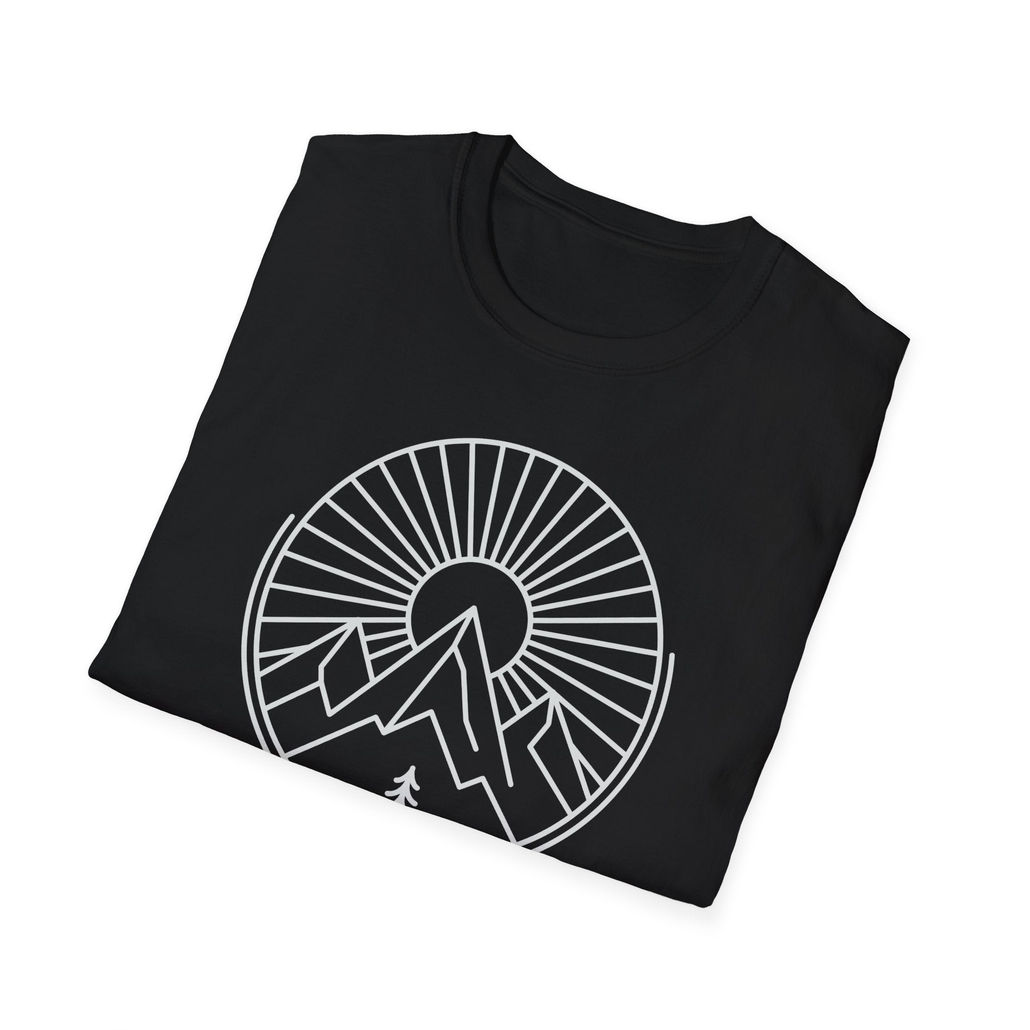Black unisex T-shirt with white mountain sunrise emblem and small tree icon.