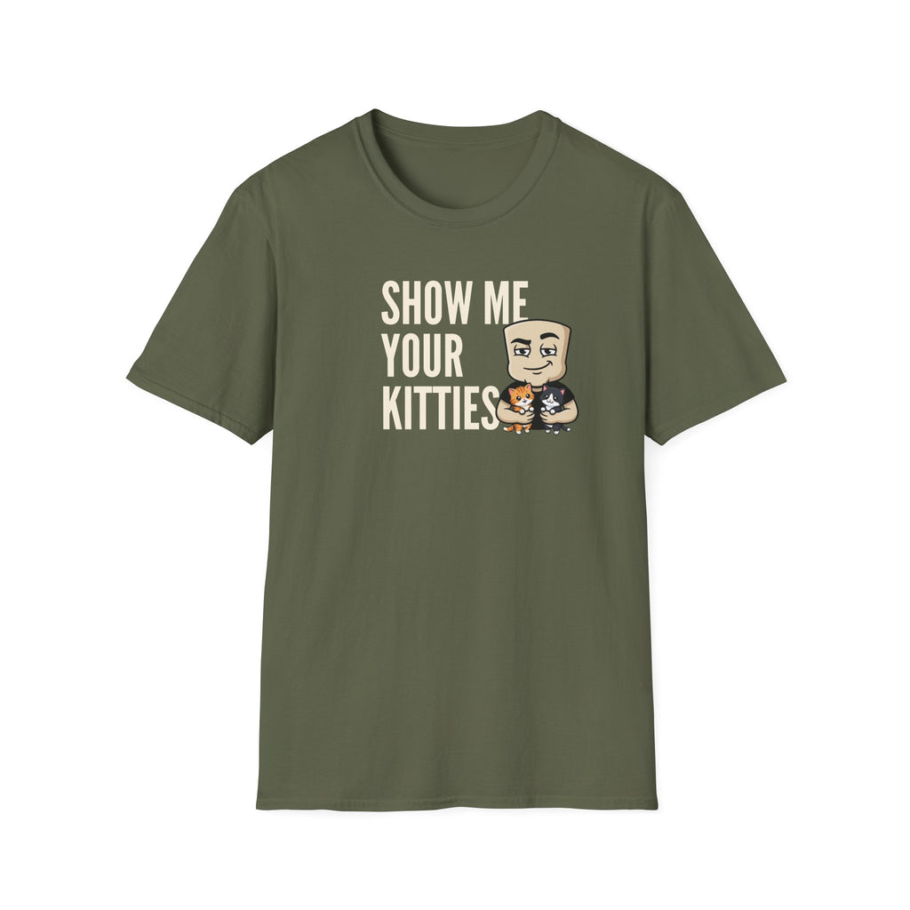 Olive green T-shirt with "Show Me Your Kitties" cat character graphic