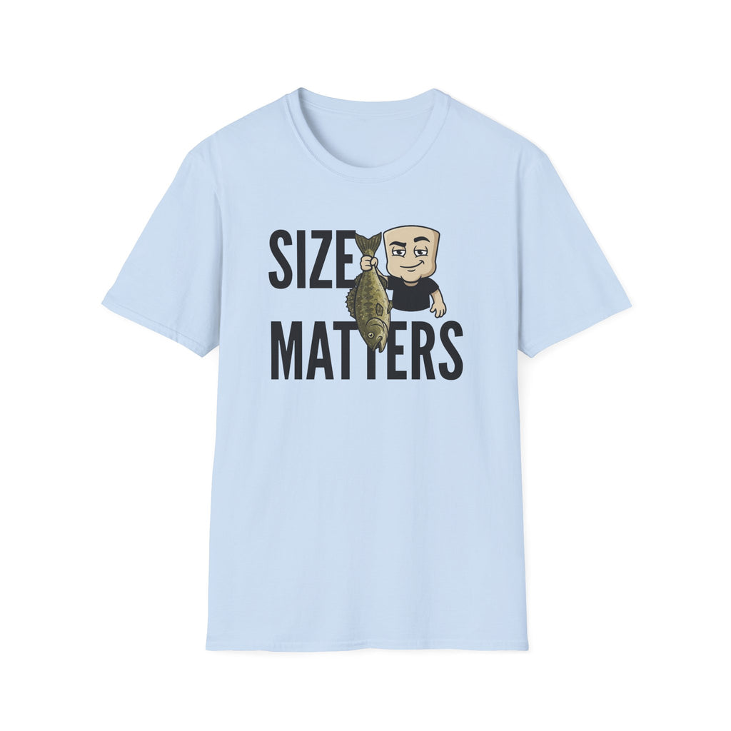 Light blue T-shirt with “SIZE MATTERS” graphic of a man holding a fish
