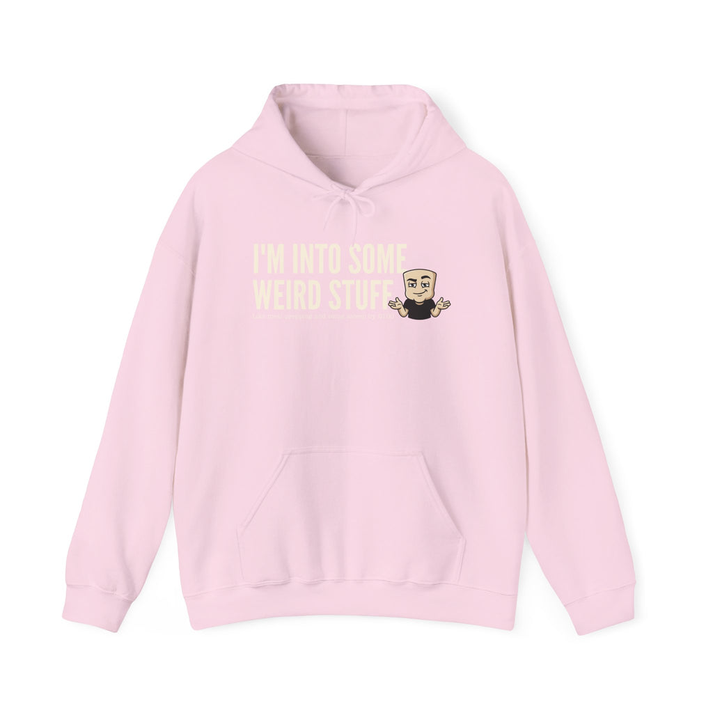 Pink hoodie sweatshirt with front pocket and hood, featuring a small graphic on chest